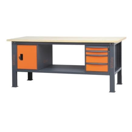BETA 058000633 - Etabli d'une longueur de 2,1m avec plan de travail en bois, 4 tiroirs et 1 compartiment de rangement avec porte