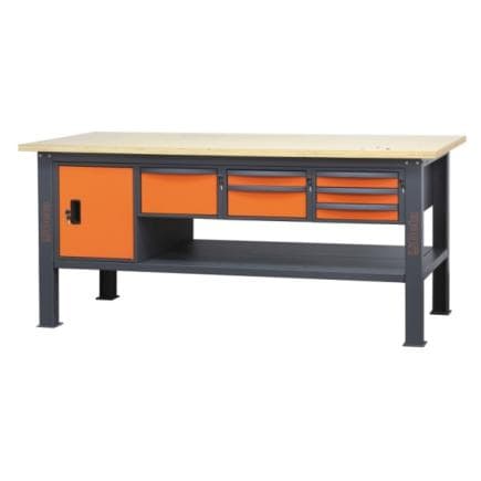 BETA 058000639 - Etabli d'une longueur de 2,1m avec plan de travail en bois, 6 tiroirs et 1 compartiment de rangement avec porte