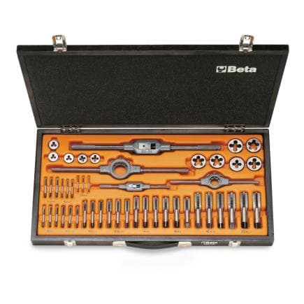 BETA 004460057 - Assortiment de tarauds et filières en acier chromé avec filetage métrique et accessoires en coffret bois