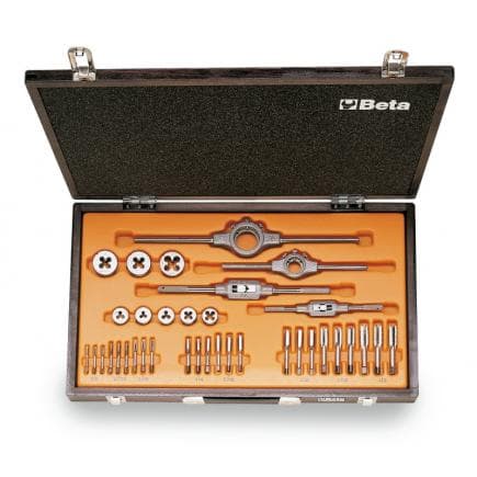 BETA 004460075 - Assortiment de tarauds et filières en acier chromé avec filetage Whitworth et accessoires en coffret bois