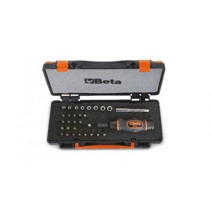 BETA 005830931 - Composition de 1 tournevis dynamométrique, 8 douilles 6 pans, 20 embouts pour visseuses et 2 accessoires en coffret tôle avec...