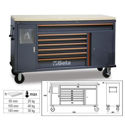 BETA 045000191 - Commode mobile Work Station avec 7 tiroirs et poubelle intégrée