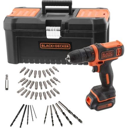 BLACK & DECKER BDCDD121KA-QW - Perceuse-visseuse 10,8 V (avec batterie de 1,5 Ah, 40 accessoires et cassette)
