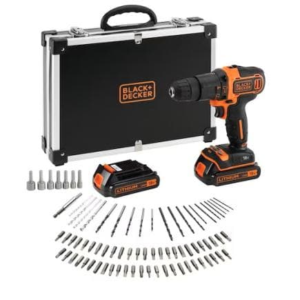 BLACK & DECKER BDCHD18BAFC-QW - Perceuse à percussion 18V (avec double batterie, chargeur rapide, 80 accessoires et mallette de transport)