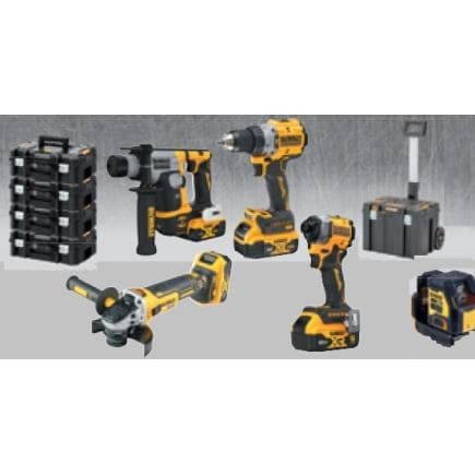DeWALT DCK5007P4T-IT - Set de perceuse à percussion, meuleuse d’angle, tournevis à percussion 1/4", perceuse à percussion et traceur laser (4...