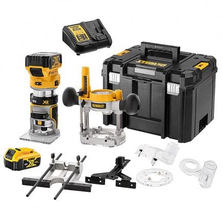 DeWALT DCW604P2-QW - Electro-fraiseuse avec adaptateur pour base fixe 18 V en mallette TSTAK avec batteries et chargeur