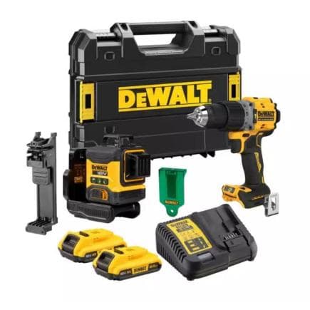 DeWALT DCK2095D2T-QW - KIT Perceuse à percussion et Laser 3x360° avec 1 batterie XR 18V 5Ah et chargeur de batterie
