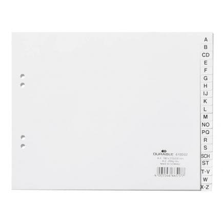 DURABLE 6100-02 - Intercalaire A4 20 touches A-Z cavalierini pré-imprimé avec index partiel en PPL, blanc