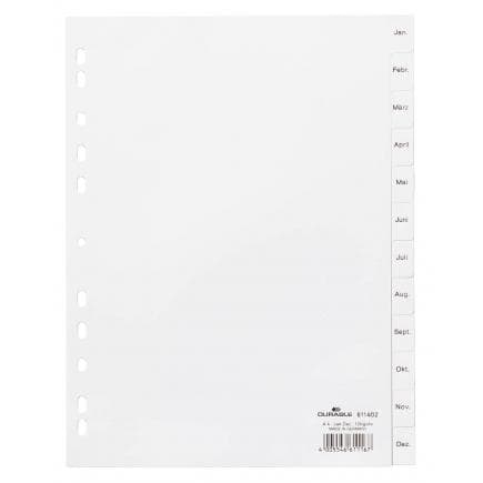 DURABLE 6114-02 - Intercalaire A4 12 touches Jan-Dec avec cavalierini pré-imprimé et index en PPL, blanc
