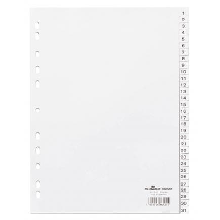 DURABLE 6160-02 - Intercalaire A4 31 touches 1-31 cavalierini pré-imprimé avec index en PPL, blanc