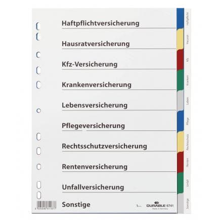 DURABLE 6741-27 - Intercalaire A4 10 touches avec picots de couleur et index pour assurance en PPL, multicolore (lot muliple)