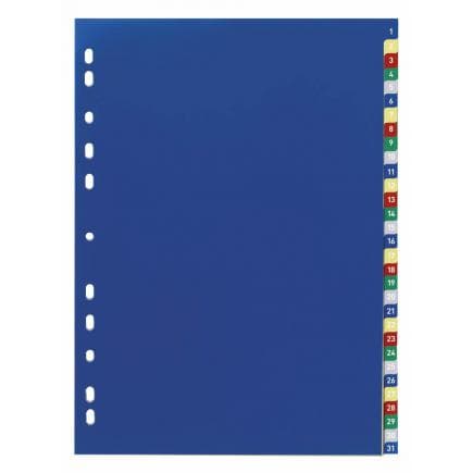 DURABLE 6756-27 - Intercalaire A4 31 touches 1-31 avec cavalierini coloré et pré-imprimé avec index en PPL, multicolore (lot muliple)