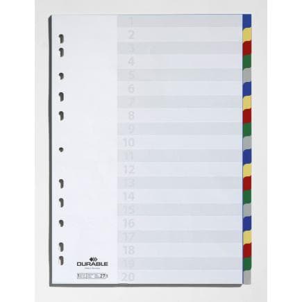 DURABLE 6758-27 - Intercalaire A4 20 touches avec picots de couleur et index en PPL, multicolore