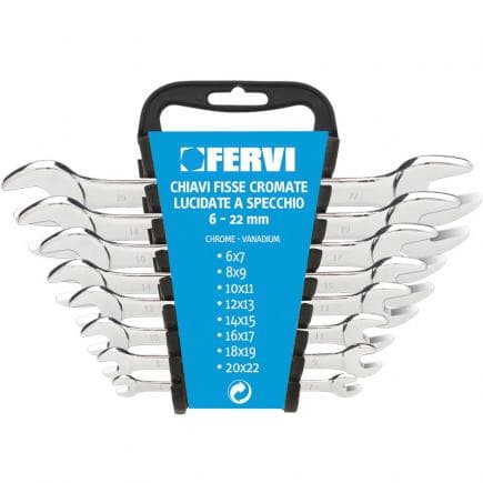 FERVI 0200 - Jeu de clés fixes longues chromées polies en miroir (8 pcs.)