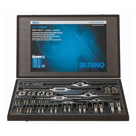 KRINO 17020531 - Jeux de filetage HSS pour garage et industrie avec filetages UNC et UNF dans une boîte en bois (18 pcs.)