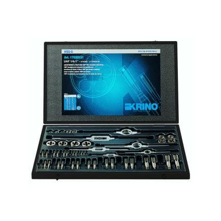 KRINO 17020530 - Jeux de filetage HSS pour garages et industrie avec filetages UNC et UNF dans une boîte en bois (35 pcs.)