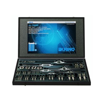 KRINO 17025631 - Jeux de filetage HSS-G pour garage et industrie avec filetage Whitworth dans une boîte en bois (18 pcs.)