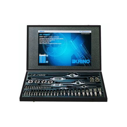 KRINO 17025619 - Jeux de filetage HSS pour garage et industrie avec filetage Whitworth à gros pas dans une boîte en bois (50 pcs.)
