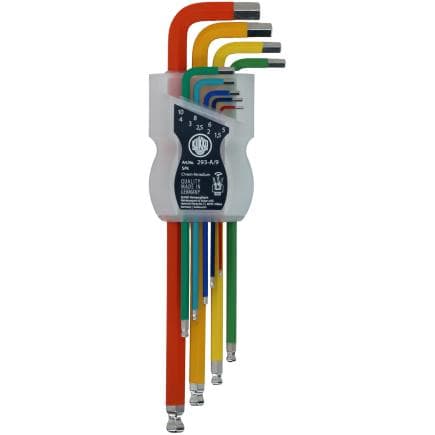 KUKKO 293-A/9 - Jeu de clés coudées 6 pans avec tête sphérique et code couleur dans le support en plastique
