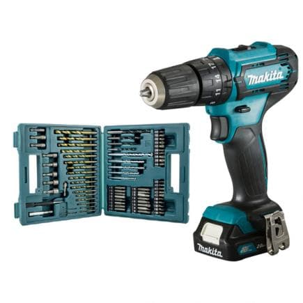 MAKITA HP333DSAX1 - PERCEUSE VISSEUSE A CHOCS 12 V max 10 mm - 30 Nm - en coffret avec 2 batteries 2.0Ah et chargeur de batterie et 74 accessoires