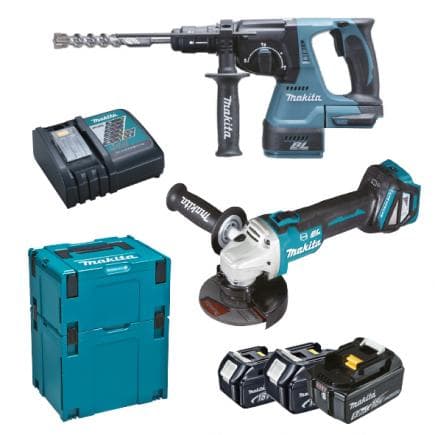MAKITA DLX2256TJ1 - Jeu marteau, meuleuse d'angle, 3 batteries 5.0Ah et chargeurs de batterie - dans 2 valises de transport