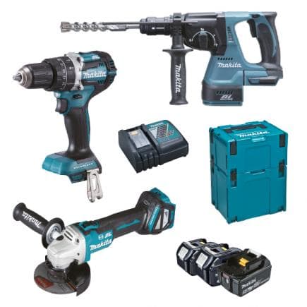 MAKITA DLX3119TJ - Jeu marteau, perceuse visseuse, meuleuse d'angle, 3 batteries 5.0Ah et chargeurs de batterie - dans 2 valises de transport