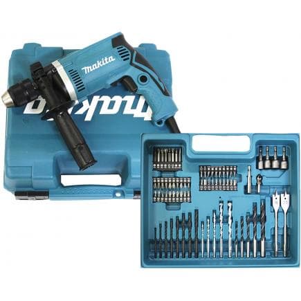MAKITA HP1631KX3 - PERCEUSE A IMPACT 710W 16 mm AUTOBLOQUANTE - en coffret avec 74 accessoires et poignée latérale