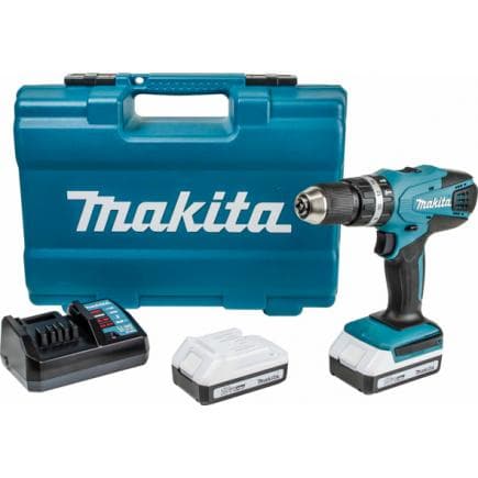 MAKITA HP457DWE10 - 18V Combi Drill - in case with 2 batteries 1.5Ah and charger and 74 accessories set