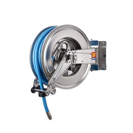 MECLUBE 071-2513-430 - Enrouleur de tuyau automatique pivotant en acier inoxydable aisi 304 gauche-555 pour usage alimentaire 120°c ø1/2" 30m
