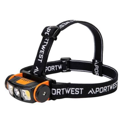 PORTWEST PA76BKO - Lampe frontale USB à LED avec détecteur de mouvement, Noir/Orange