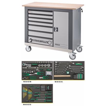 STAHLWILLE 98830106--SPENTO - Mobile flat wooden workbench with 132 premium tools assortment