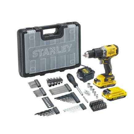 STANLEY SFMCD715D2A-QW - Jeu de perceuse à percussion sans fil avec 2 batteries, chargeur, coffret et 100 embouts et accessoires