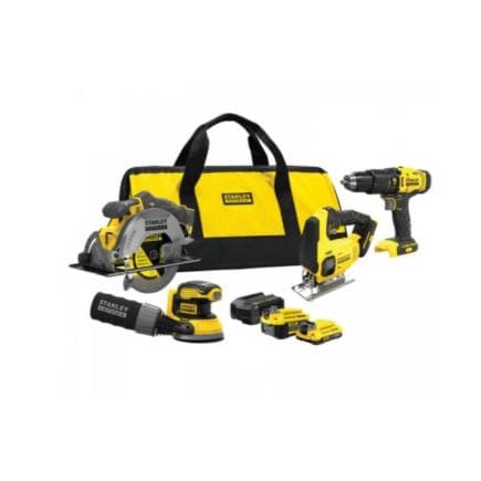 STANLEY SFMCK412MDS-QW - Kit d’outils électriques 18V V20 avec perceuse-visseuse, scie sauteuse, scie circulaire, ponceuse orbitale, 2 batteries,...
