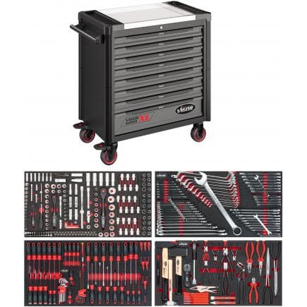 VIGOR V4481-X/375 - Chariot à outils Série XL, plan de travail en acier inoxydable avec assortiment (375 pcs)
