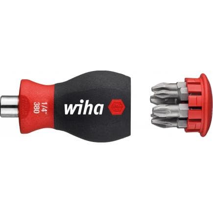 WIHA 10379 - Tournevis porte-embout avec magasin magnétique Stubby 1/4" avec 6 embouts Phillips et Pozidriv